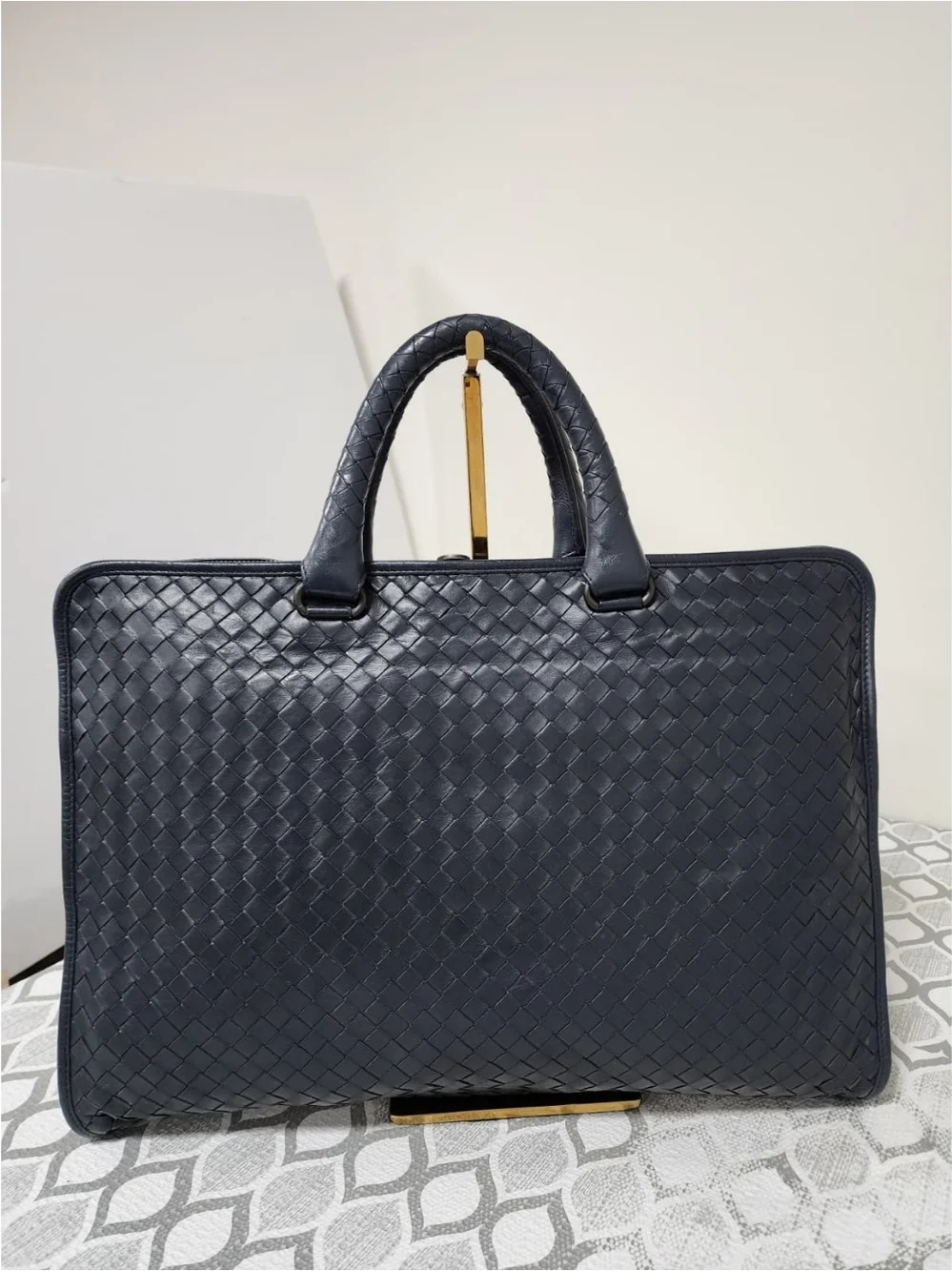 Bottega Veneta Intrecciato Top Zip Briefcase Navy Blue